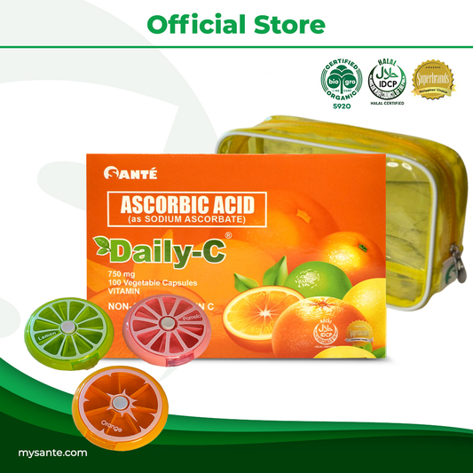 Santé Daily-C (Ascorbic Acid as Sodium Ascorbate) 750mg x 100 capsules with FREE Pouch & Pill Box